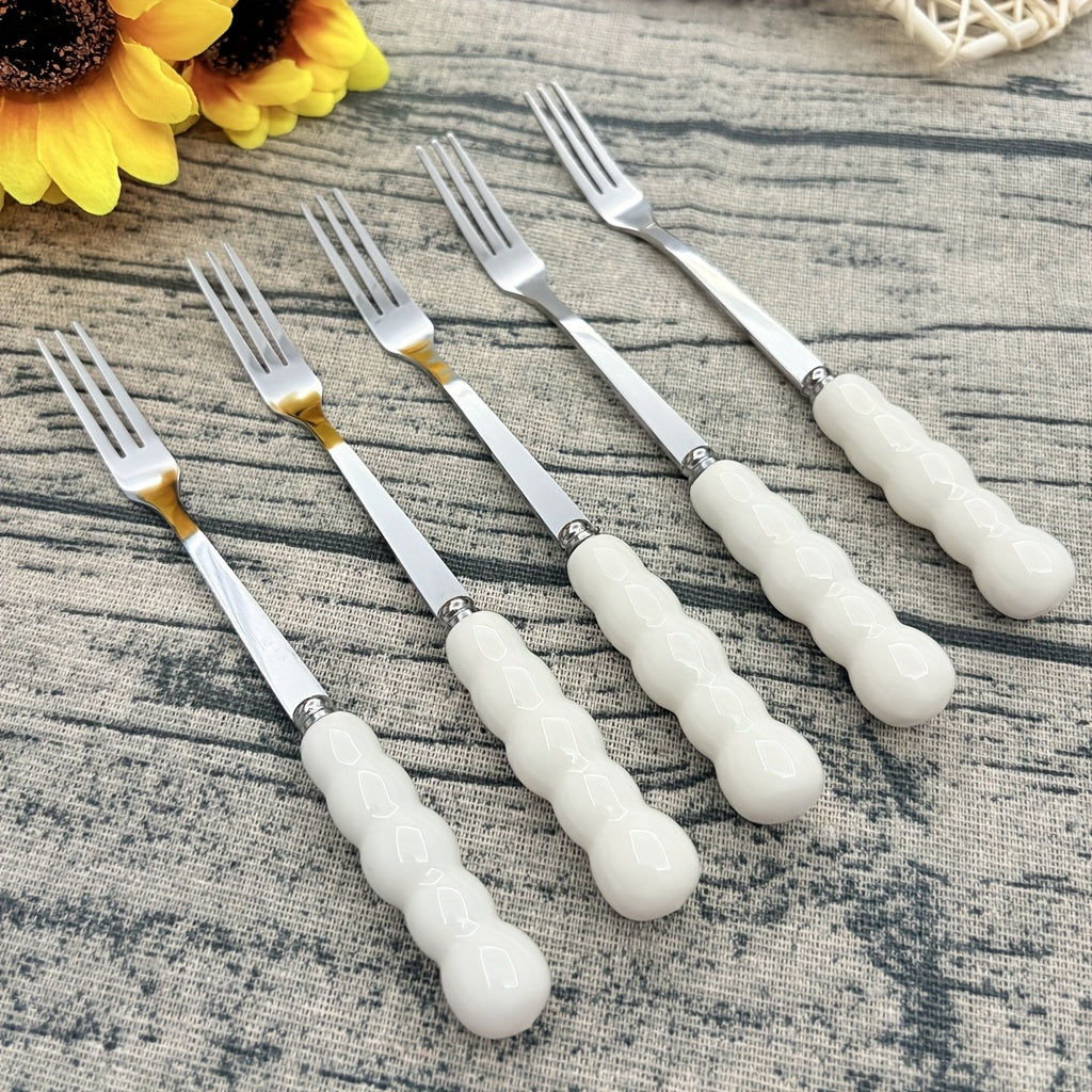 Elegant Ceramic Handle Cutlery 5pcs Elegant Stainless Steel Ceramic Handle Cutlery Set - Polished Surface, Dessert Spoon, Coffee Scoop & Fruit Forks, Perfect for Home, Restaurant, Kitchen, Daily Meals, Birthday Parties & Holiday Gatherings