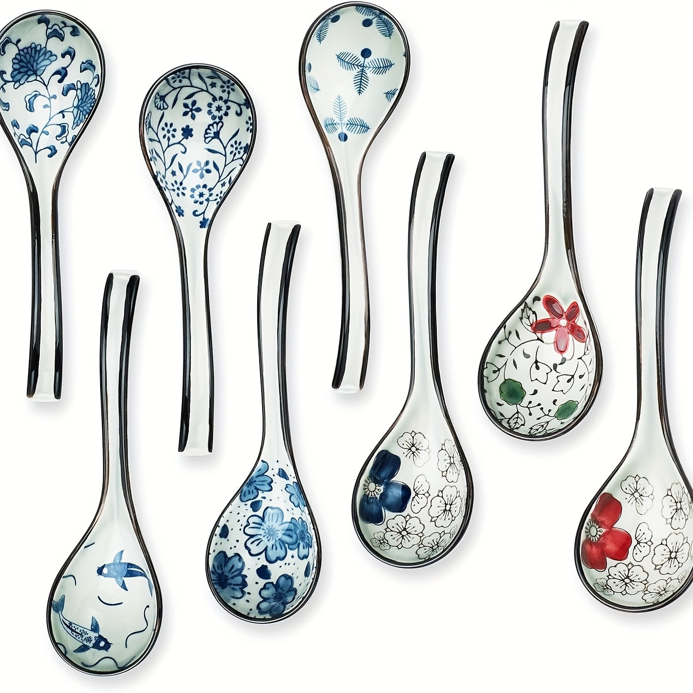 8pcs Asian Ceramic Soup Spoons Japanese Ramen Spoon with Long Curved Handle Chinese Soup