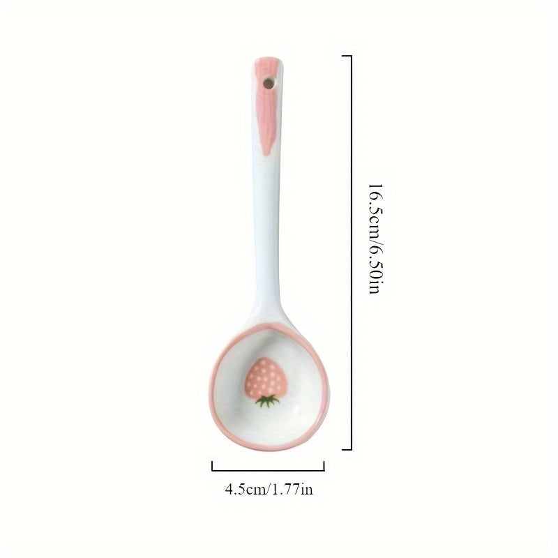 Kawaii Strawberry Ceramic Soup Spoon, Cute Korean Ice Cream & Dessert Spoon with Long Handle