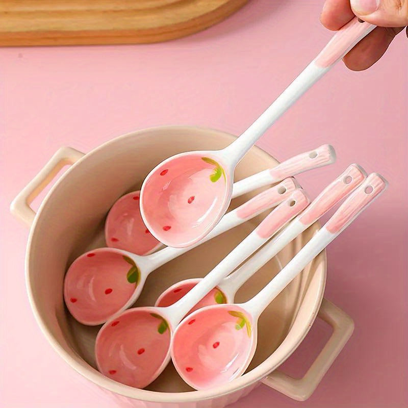 Kawaii Strawberry Ceramic Soup Spoon, Cute Korean Ice Cream & Dessert Spoon with Long Handle