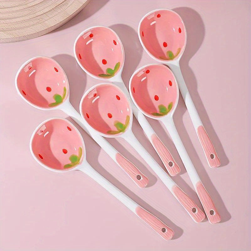 Kawaii Strawberry Ceramic Soup Spoon, Cute Korean Ice Cream & Dessert Spoon with Long Handle