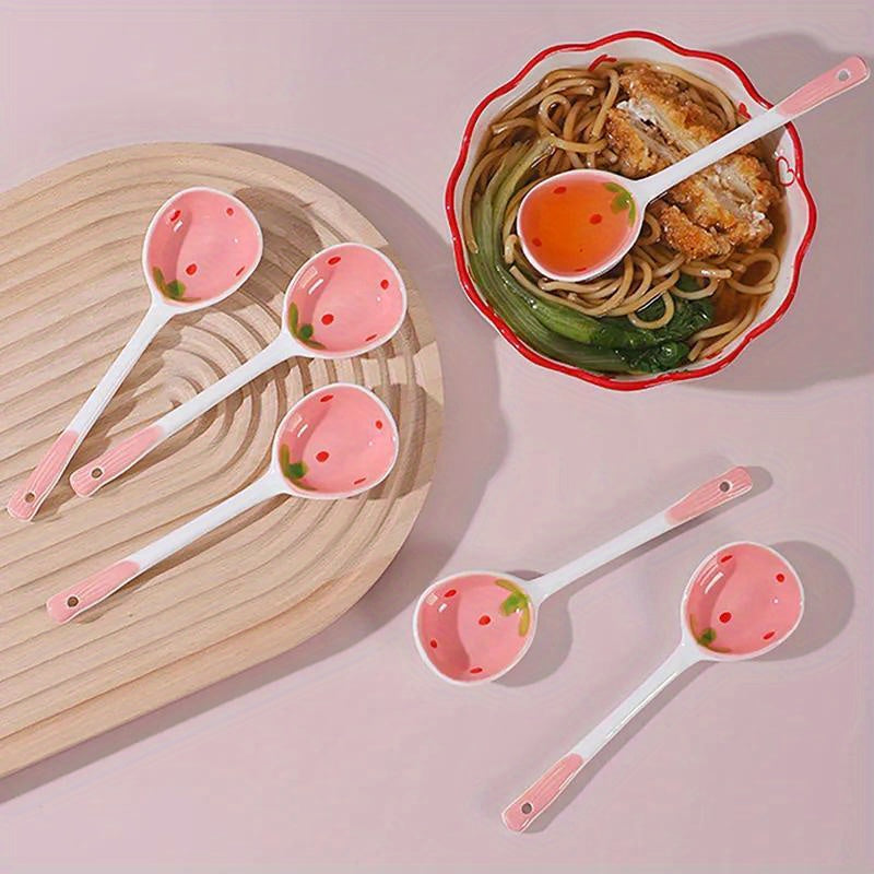 Kawaii Strawberry Ceramic Soup Spoon, Cute Korean Ice Cream & Dessert Spoon with Long Handle