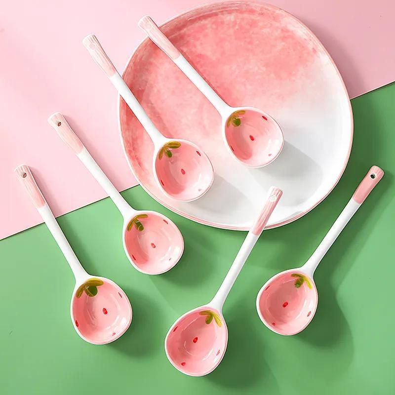 Kawaii Strawberry Ceramic Soup Spoon, Cute Korean Ice Cream & Dessert Spoon with Long Handle
