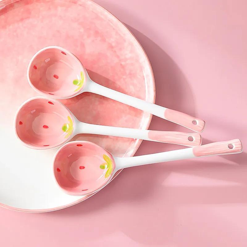 Kawaii Strawberry Ceramic Soup Spoon, Cute Korean Ice Cream & Dessert Spoon with Long Handle
