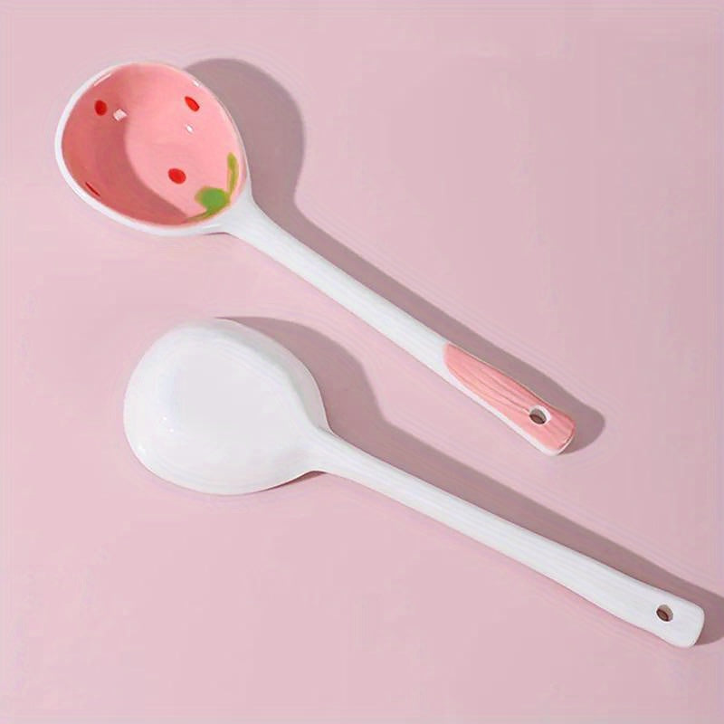Kawaii Strawberry Ceramic Soup Spoon, Cute Korean Ice Cream & Dessert Spoon with Long Handle