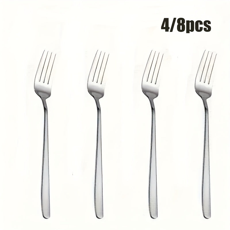 4\u002F8pcs of Silvery stainless steel Korean fork, salad fork, mirror-polished, dishwasher washable, perfect for families, ramen shops, parties, and Korean restaurants (7.56 inches long)