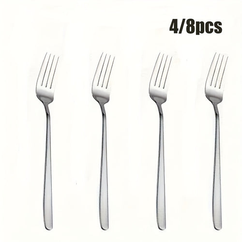 4\u002F8pcs of Silvery stainless steel Korean fork, salad fork, mirror-polished, dishwasher washable, perfect for families, ramen shops, parties, and Korean restaurants (7.56 inches long)