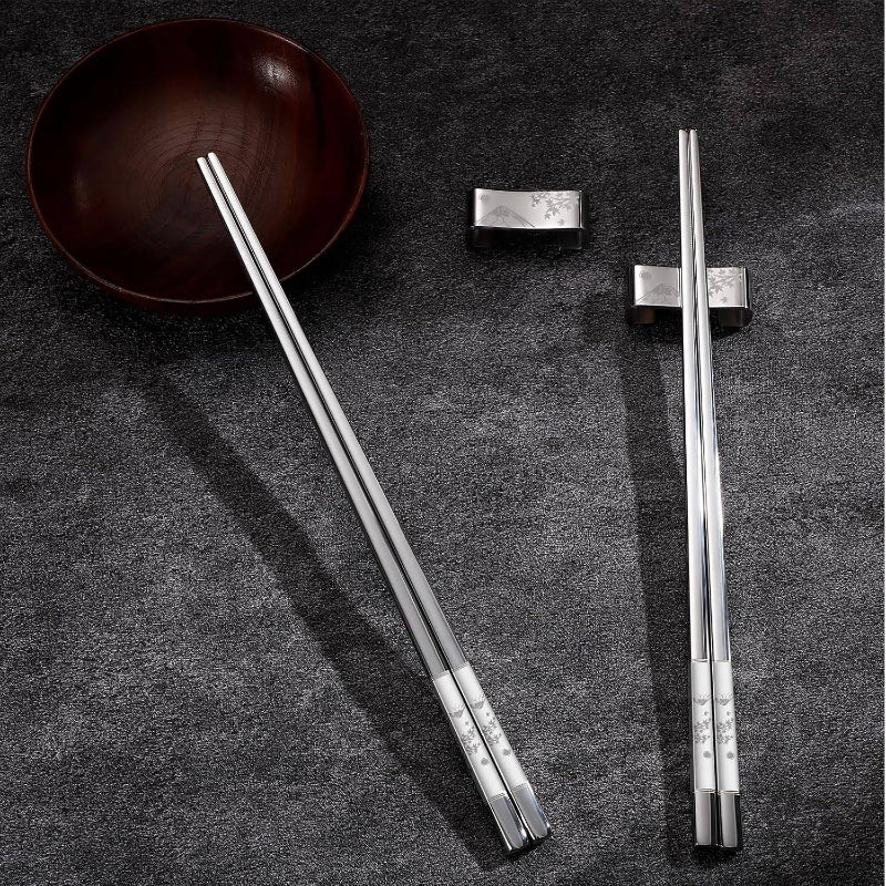 Metal Chopsticks Reusable 2 Pairs Plated 188 Stainless Steel Chopsticks with Holder, Dishwasher Safe Non - Slip Japanese Style Laser Engraved Chop Sticks Set Silvery, Elegant Utensils, Modern Cutlery, Highquality Utensils, Living