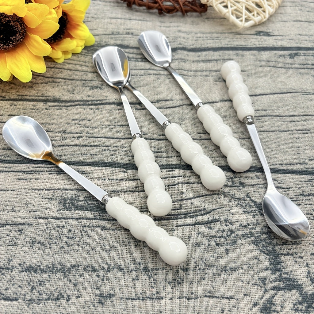 Elegant Ceramic Handle Cutlery 5pcs Elegant Stainless Steel Ceramic Handle Cutlery Set - Polished Surface, Dessert Spoon, Coffee Scoop & Fruit Forks, Perfect for Home, Restaurant, Kitchen, Daily Meals, Birthday Parties & Holiday Gatherings