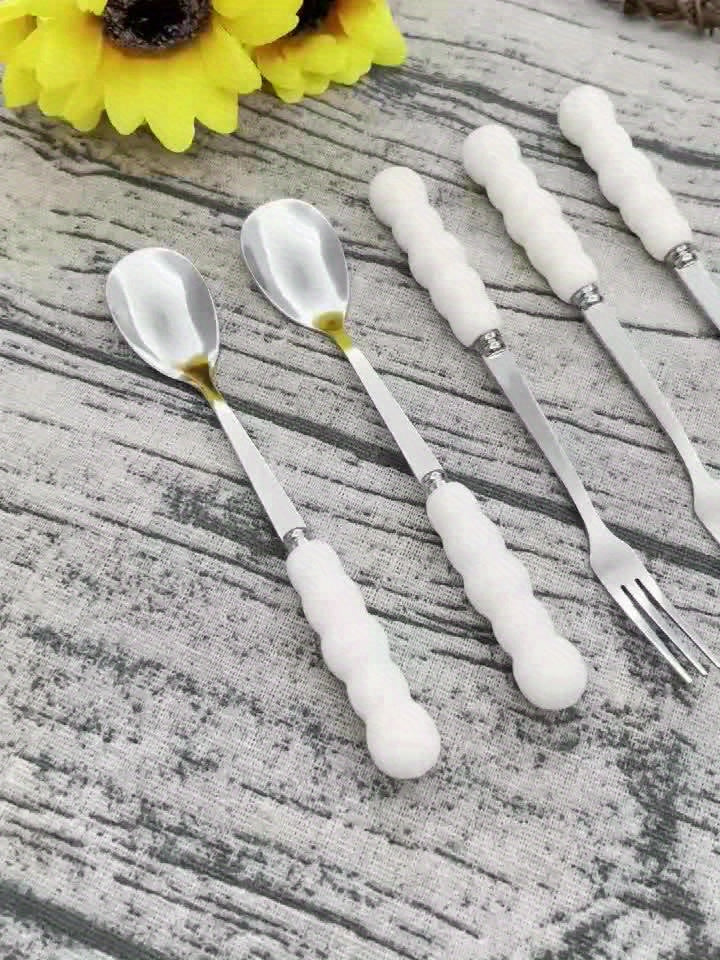 Elegant Ceramic Handle Cutlery 5pcs Elegant Stainless Steel Ceramic Handle Cutlery Set - Polished Surface, Dessert Spoon, Coffee Scoop & Fruit Forks, Perfect for Home, Restaurant, Kitchen, Daily Meals, Birthday Parties & Holiday Gatherings