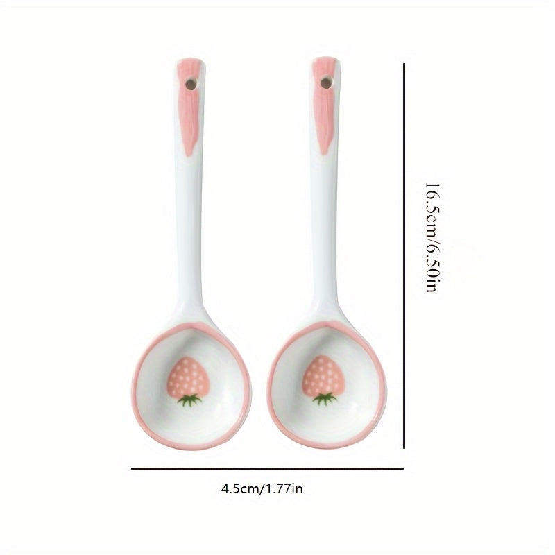 Kawaii Strawberry Ceramic Soup Spoon, Cute Korean Ice Cream & Dessert Spoon with Long Handle