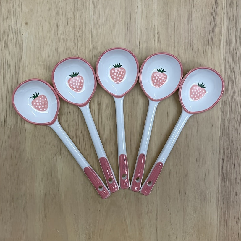 Kawaii Strawberry Ceramic Soup Spoon, Cute Korean Ice Cream & Dessert Spoon with Long Handle