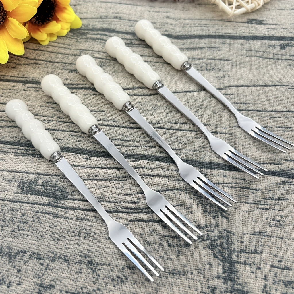 Elegant Ceramic Handle Cutlery 5pcs Elegant Stainless Steel Ceramic Handle Cutlery Set - Polished Surface, Dessert Spoon, Coffee Scoop & Fruit Forks, Perfect for Home, Restaurant, Kitchen, Daily Meals, Birthday Parties & Holiday Gatherings