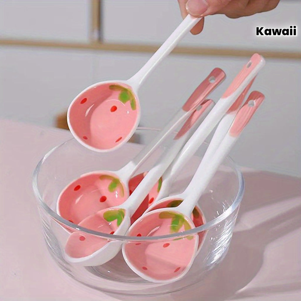Kawaii Strawberry Ceramic Soup Spoon, Cute Korean Ice Cream & Dessert Spoon with Long Handle