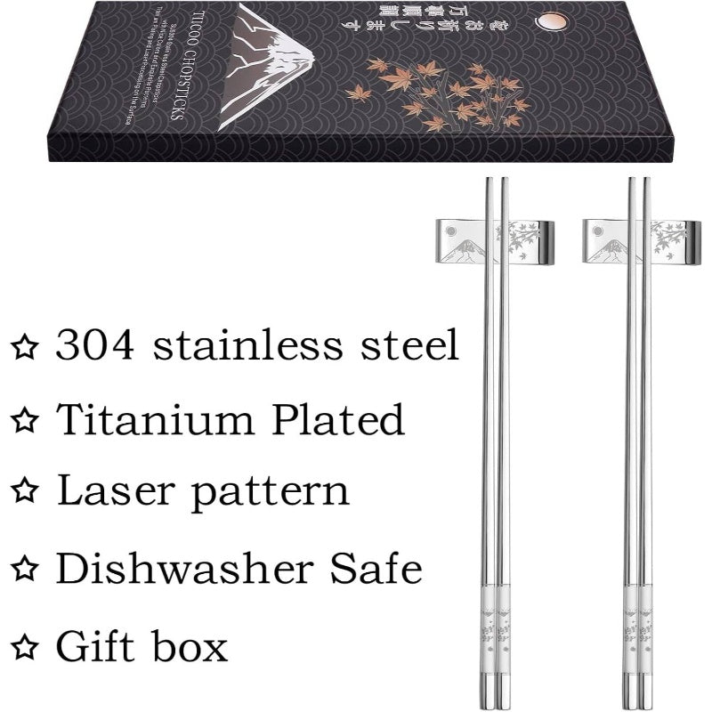 Metal Chopsticks Reusable 2 Pairs Plated 188 Stainless Steel Chopsticks with Holder, Dishwasher Safe Non - Slip Japanese Style Laser Engraved Chop Sticks Set Silvery, Elegant Utensils, Modern Cutlery, Highquality Utensils, Living