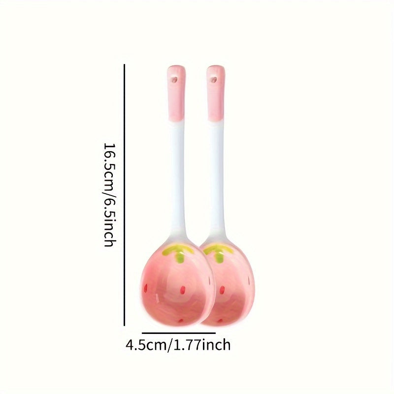 Kawaii Strawberry Ceramic Soup Spoon, Cute Korean Ice Cream & Dessert Spoon with Long Handle