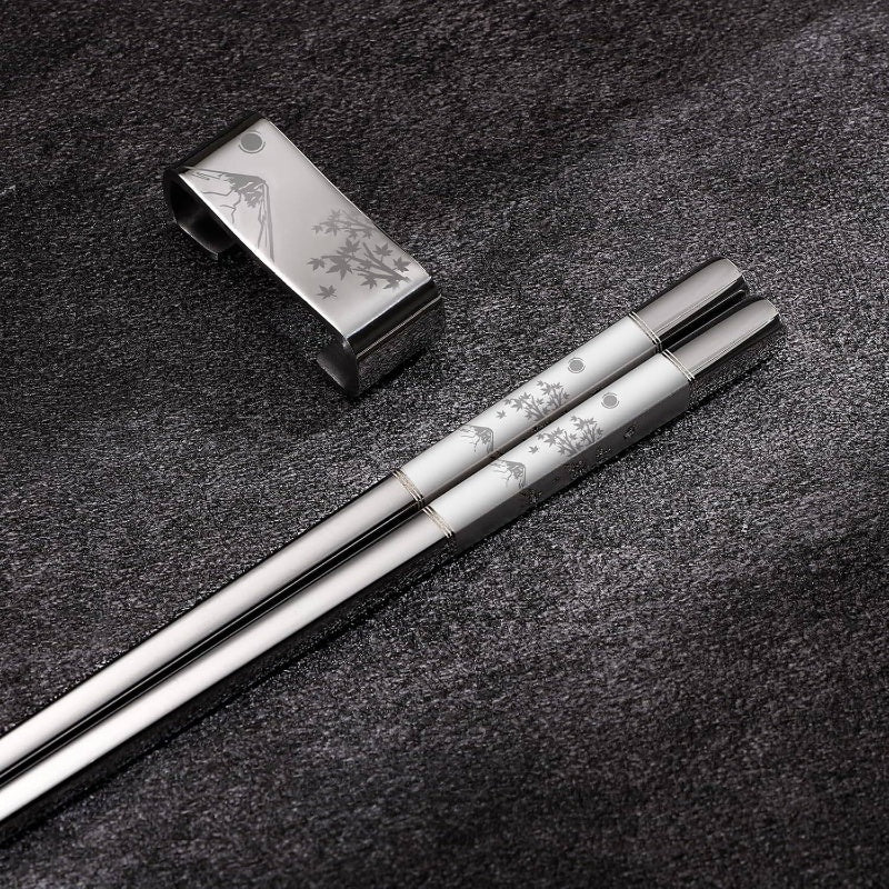 Metal Chopsticks Reusable 2 Pairs Plated 188 Stainless Steel Chopsticks with Holder, Dishwasher Safe Non - Slip Japanese Style Laser Engraved Chop Sticks Set Silvery, Elegant Utensils, Modern Cutlery, Highquality Utensils, Living
