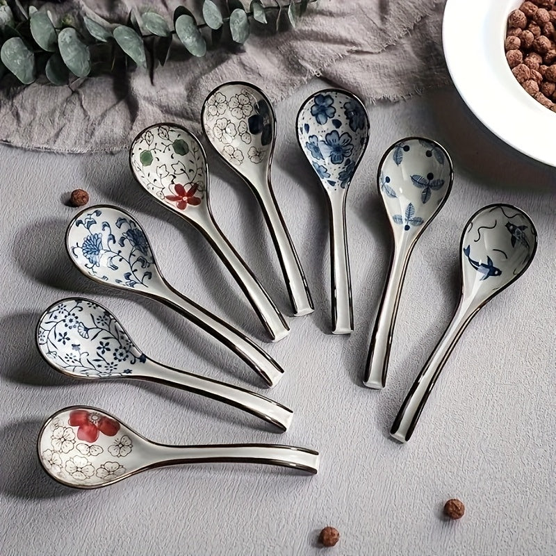 8pcs Asian Ceramic Soup Spoons Japanese Ramen Spoon with Long Curved Handle Chinese Soup