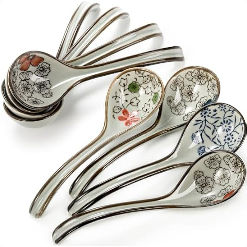 8pcs Asian Ceramic Soup Spoons Japanese Ramen Spoon with Long Curved Handle Chinese Soup