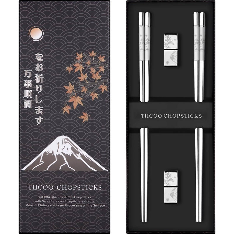Metal Chopsticks Reusable 2 Pairs Plated 188 Stainless Steel Chopsticks with Holder, Dishwasher Safe Non - Slip Japanese Style Laser Engraved Chop Sticks Set Silvery, Elegant Utensils, Modern Cutlery, Highquality Utensils, Living
