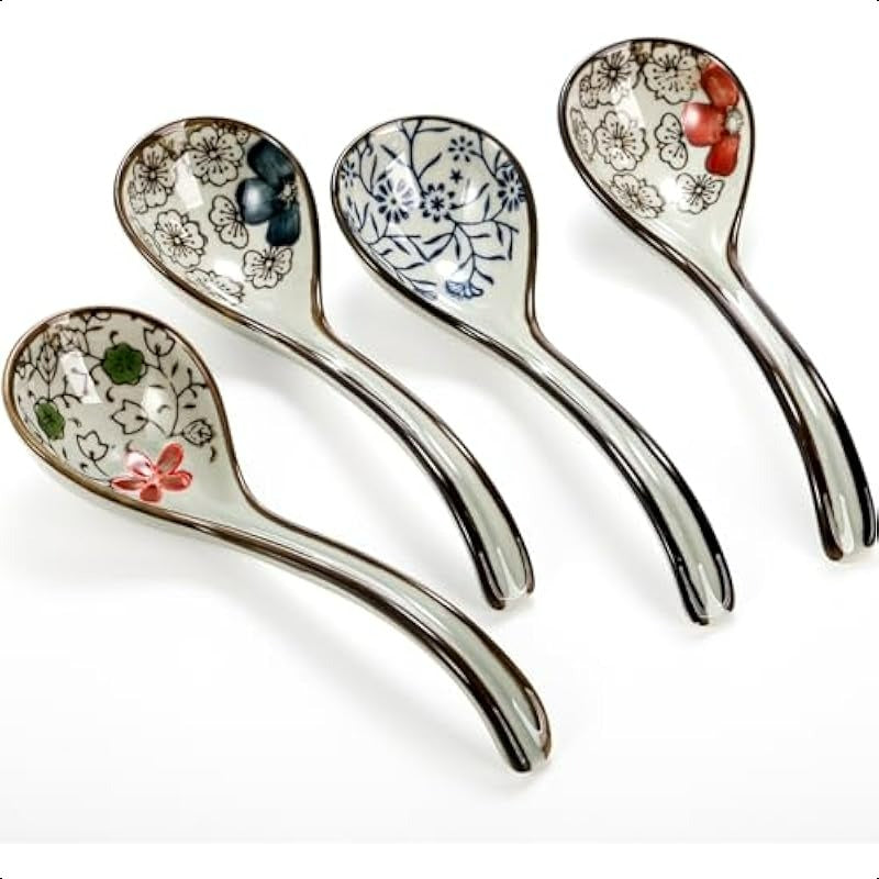 8pcs Asian Ceramic Soup Spoons Japanese Ramen Spoon with Long Curved Handle Chinese Soup