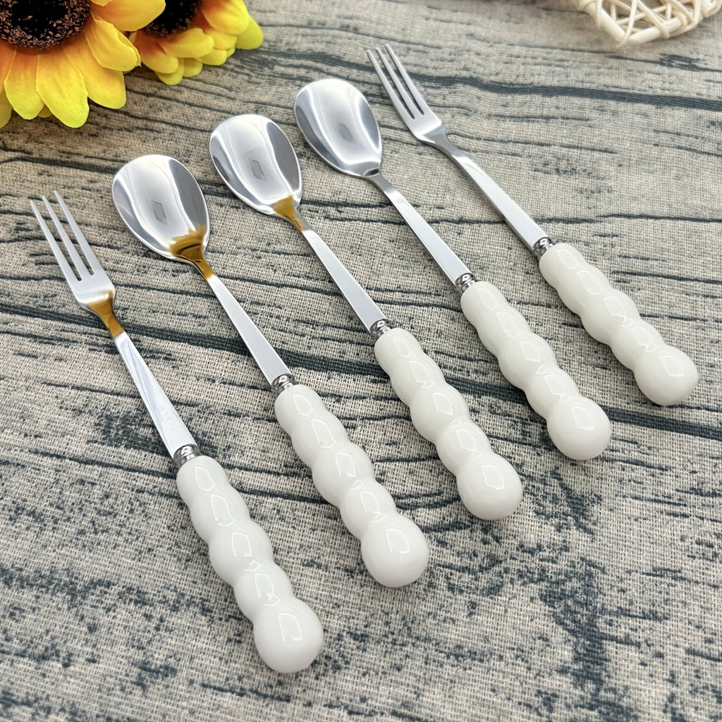 Elegant Ceramic Handle Cutlery 5pcs Elegant Stainless Steel Ceramic Handle Cutlery Set - Polished Surface, Dessert Spoon, Coffee Scoop & Fruit Forks, Perfect for Home, Restaurant, Kitchen, Daily Meals, Birthday Parties & Holiday Gatherings