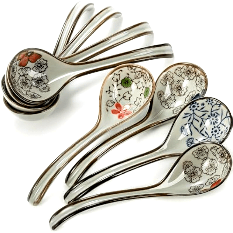 8pcs Asian Ceramic Soup Spoons Japanese Ramen Spoon with Long Curved Handle Chinese Soup