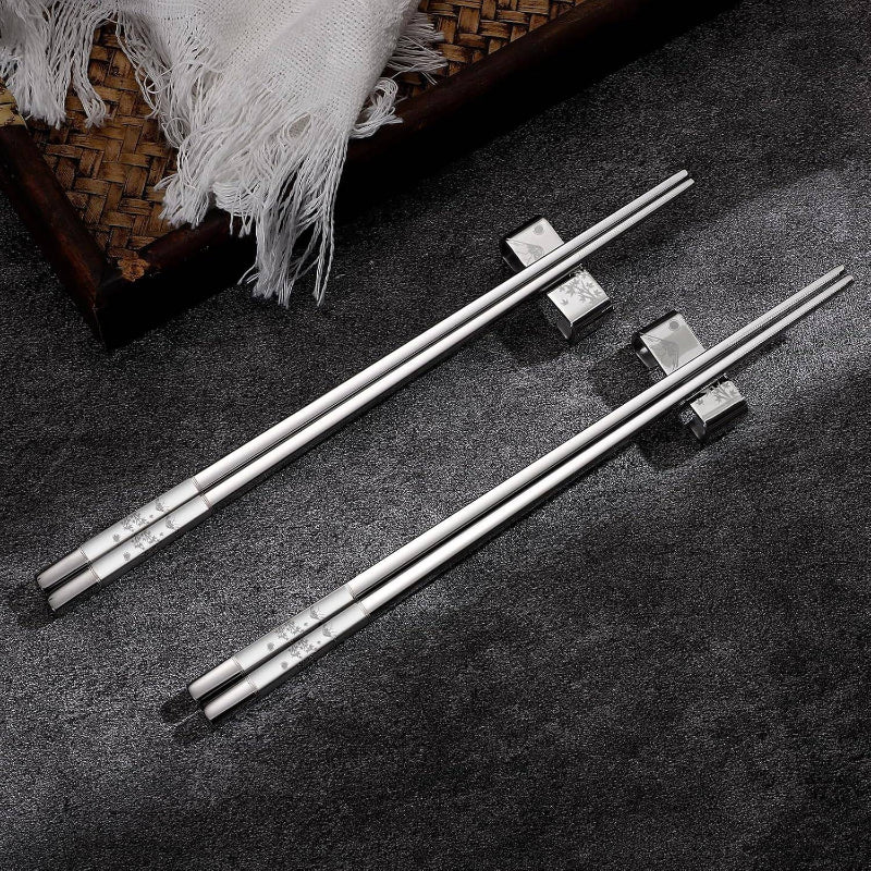 Metal Chopsticks Reusable 2 Pairs Plated 188 Stainless Steel Chopsticks with Holder, Dishwasher Safe Non - Slip Japanese Style Laser Engraved Chop Sticks Set Silvery, Elegant Utensils, Modern Cutlery, Highquality Utensils, Living